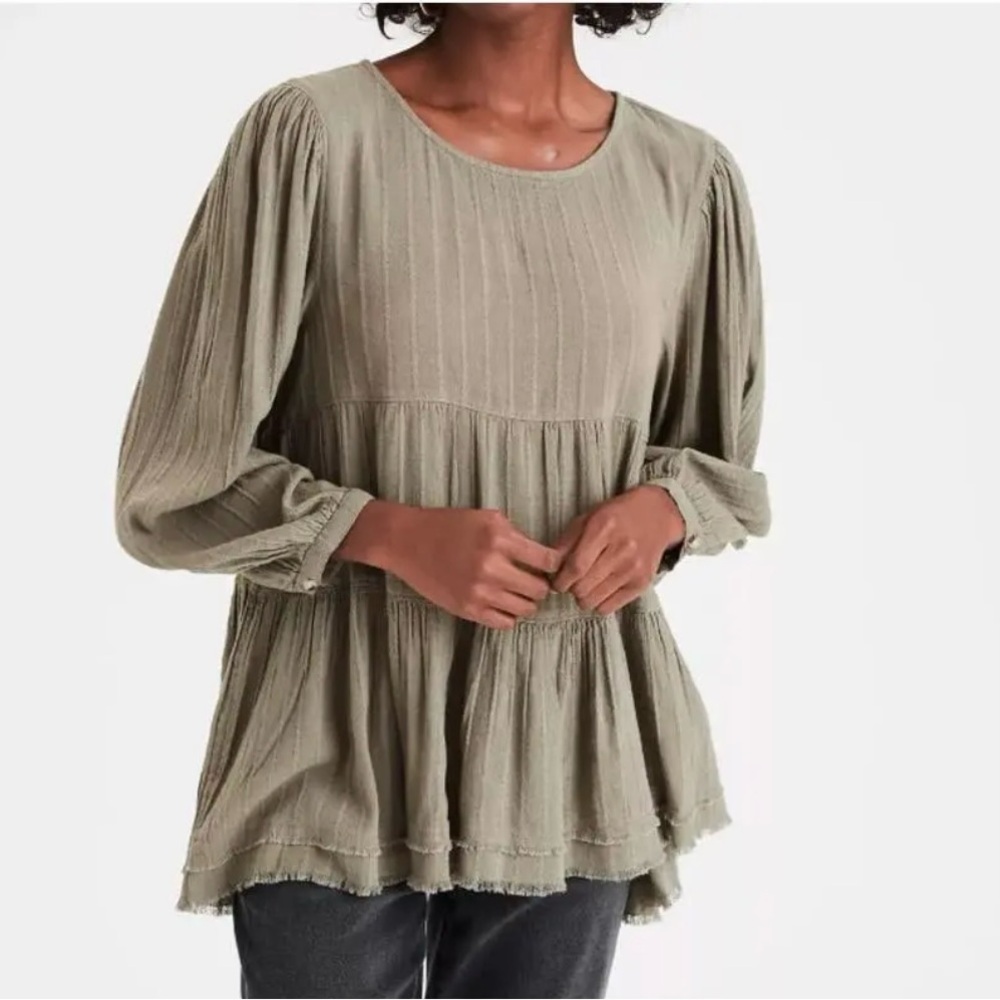 American Eagle Olive Green Tiered Baby Doll Boho Prairie Top